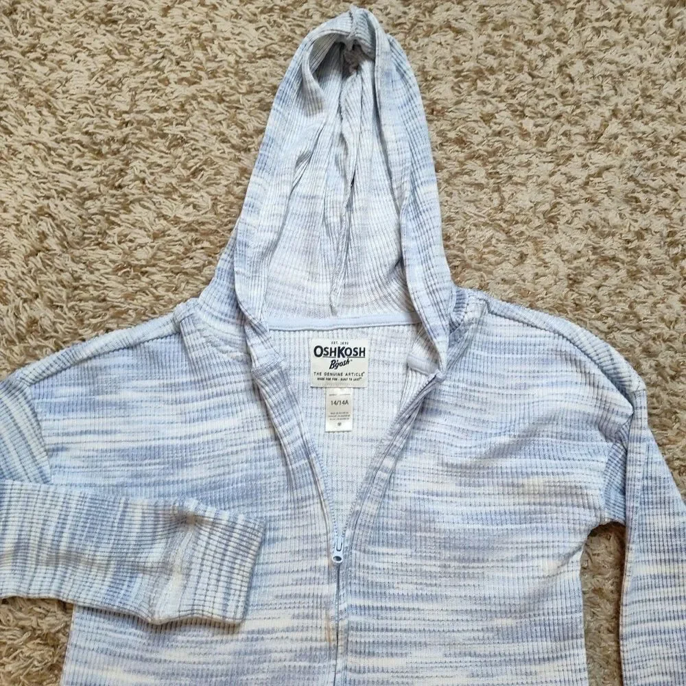 OshKosh B'gosh Blue White Zip Up Sweater Girl Sz 14 14A